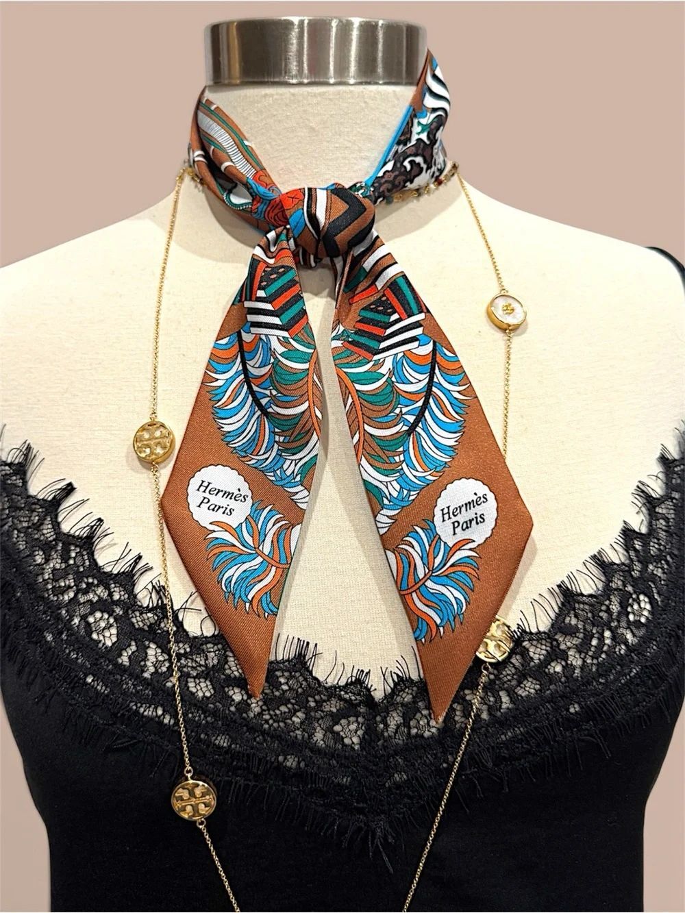 Luxury France Silk Scarf Brown Geometric & Nautical Print Silk Neckerchief